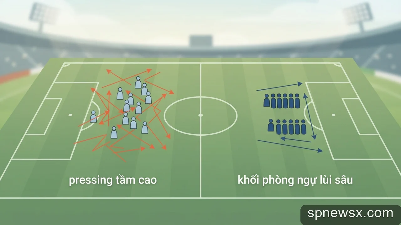 Minh họa cho So sánh cách vận hành giữa pressing tầm cao và khối phòng ngự lùi sâu